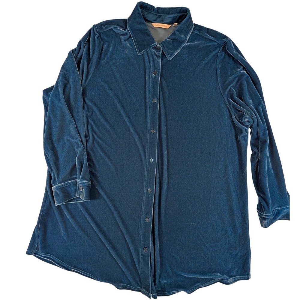 Soft Surroundings Teal Blue Velvet Button Down Tunic Boyfriend Top 2X Retro